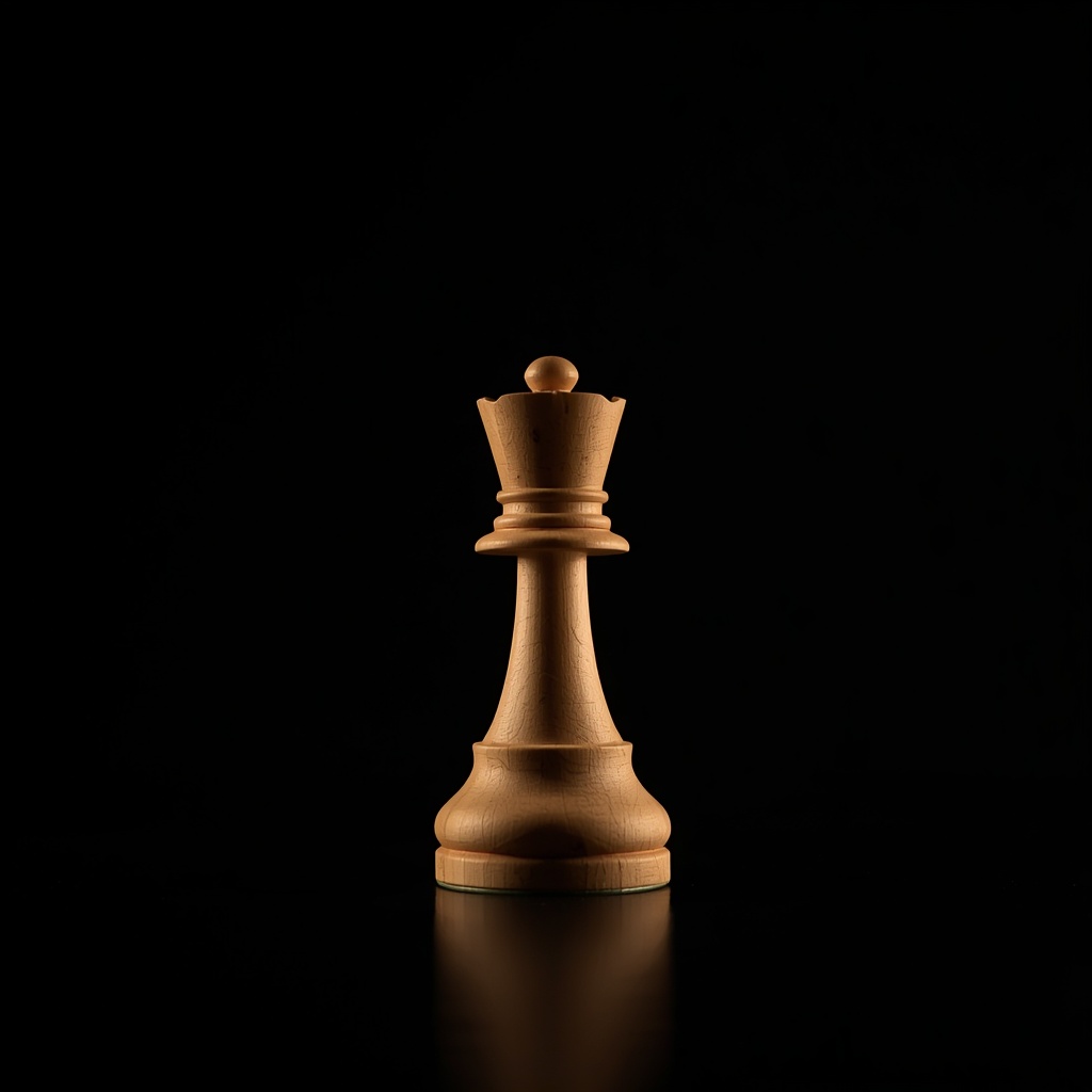 Macro photograph of a single wooden chess knight standing on a dark board, dramatic low-key lighting with a subtle golden rim light, elegant minimalist composition, premium still life mood