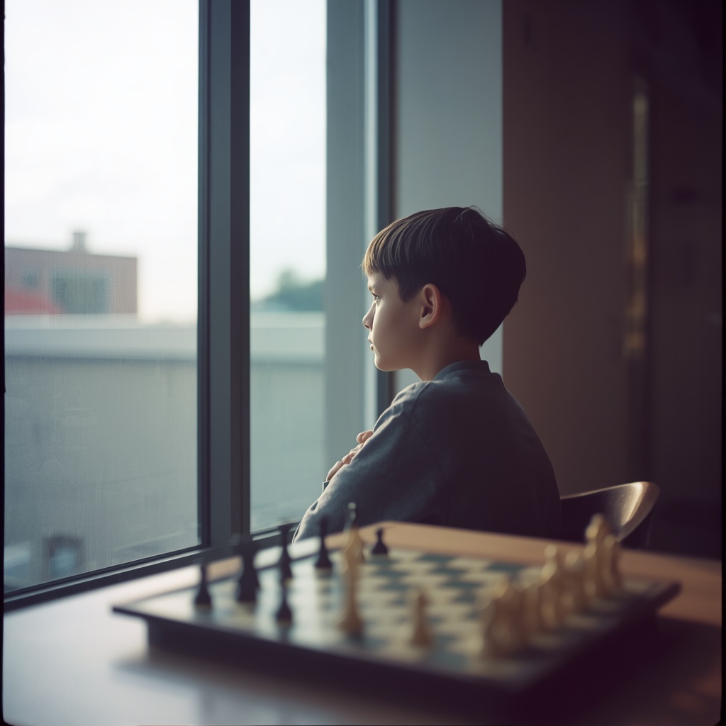Film photograph of a young boy in profile looking out a large window in quiet thought, a chessboard resting in the soft-focus foreground, minimal interior, soft morning light, calm and reflective atmosphere