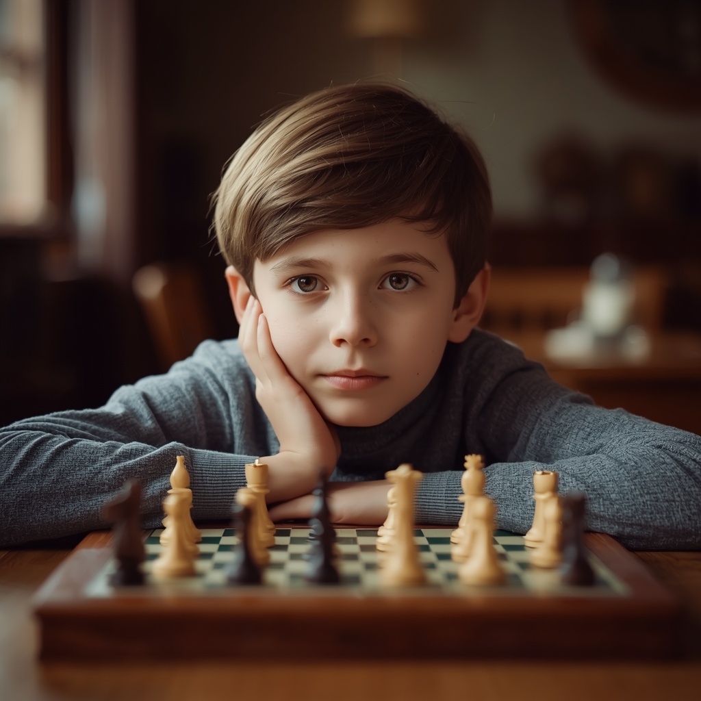 Photographic portrait of a young boy around eight years old, sitting at a warm wooden table, chin resting on hand, eyes deeply focused on a chessboard, soft warm window light, blurred background, premium editorial photography, shallow depth of field