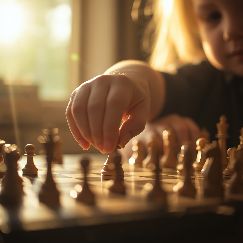 Close-up photograph of a child's hands carefully moving a wooden chess piece on the board, golden sunlight streaming through a window, cinematic warm tones, shallow depth of field, contemplative premium mood